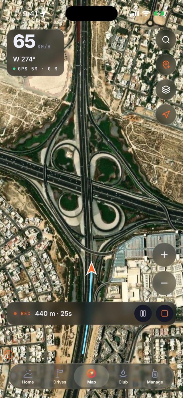 Driving map with speed, heading and the track behind you